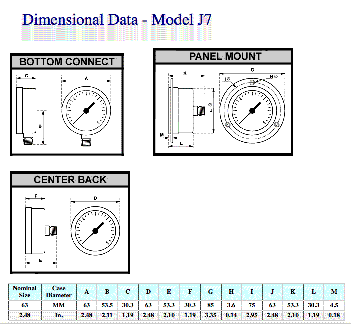 Dimensional Drawings for Marshall Instruments Model J7 - 2 1/2" Dial
