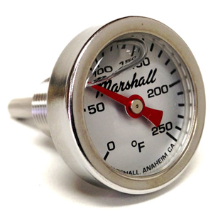 Direct Mount Engine Thermometer.  0-250F "Shock Proof" Flag Dial, Silicone Filled.